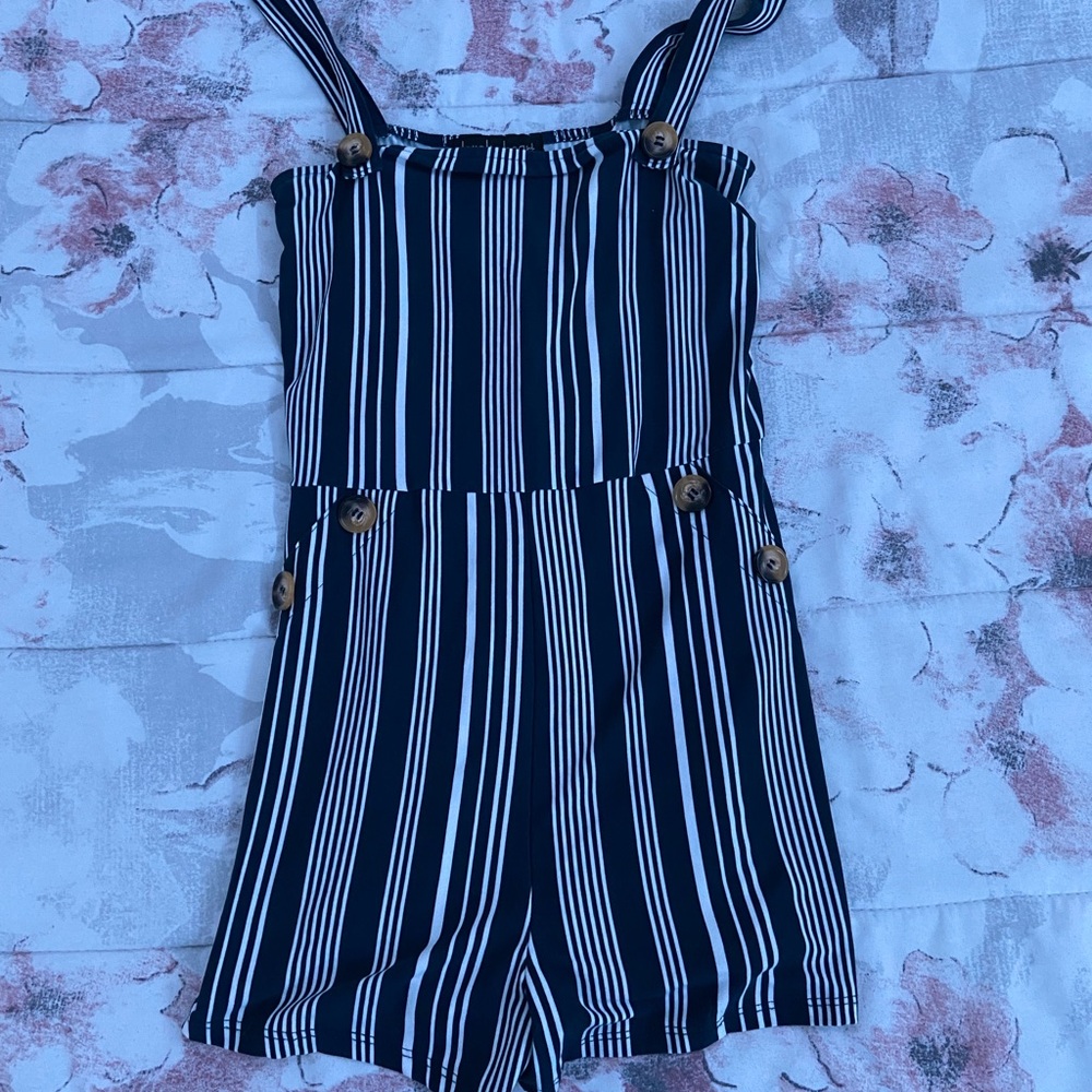 Navy Blue and White Striped Romper
